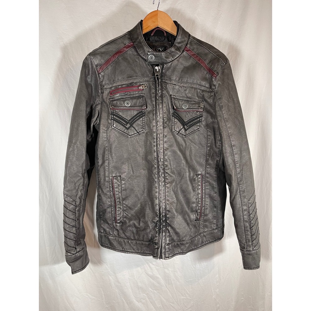 Buckle Black Mens Faux Leather Moto Racer Jacket Gray Burgundy Trim Medium